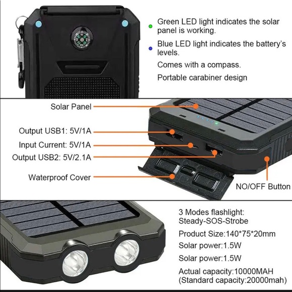 ⚡️☀️SOLAR Charger USB Portable Power Bank for Cell Phones,laptop with flashlight - Picture 9 of 10